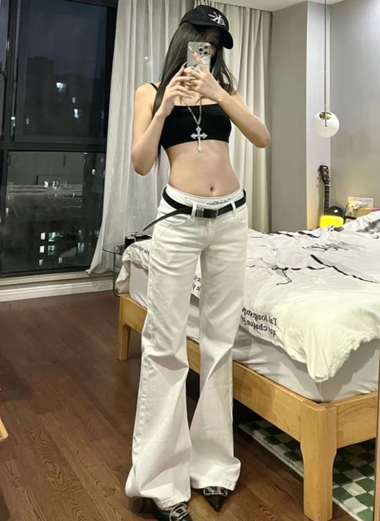 白色低腰微喇褲