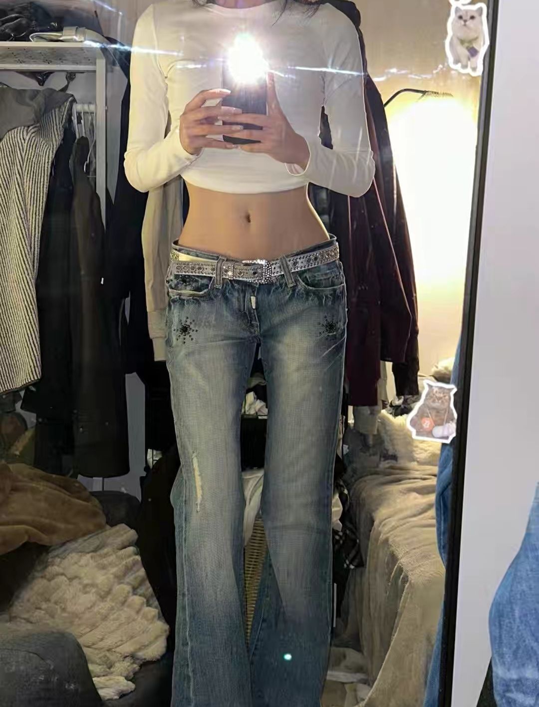 復古色低腰牛仔褲