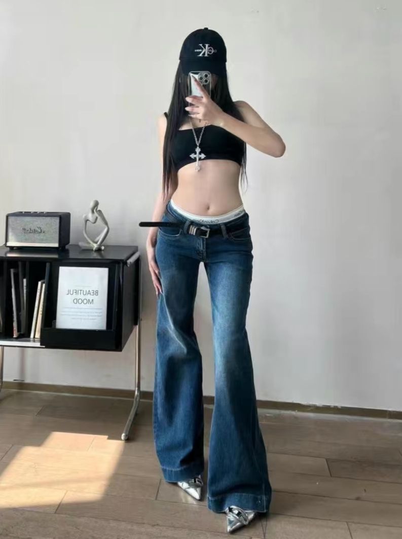 深藍刷色低腰牛仔褲