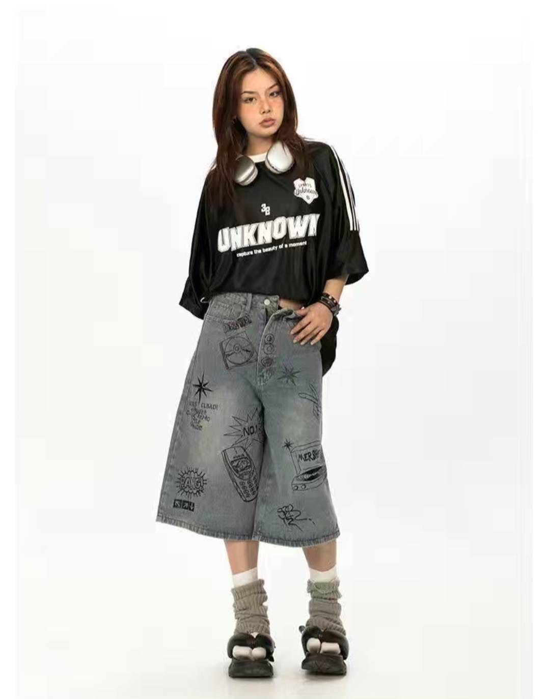 塗鴉款刷色七分褲