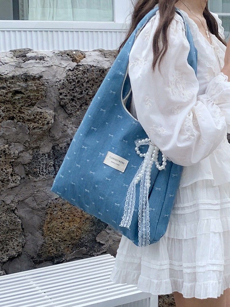 無吊飾！靜謐天空-韓系漂亮藍色蝴蝶結帆布包