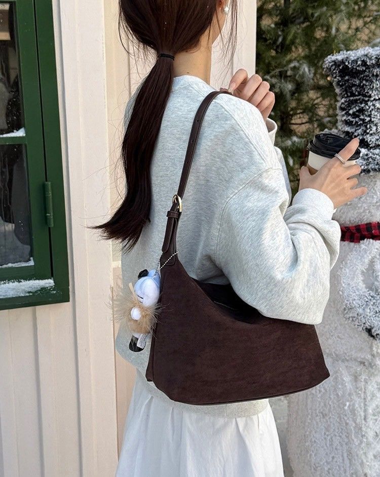 冬日書房-復古麂皮絨大容量肩背包 2color無吊飾