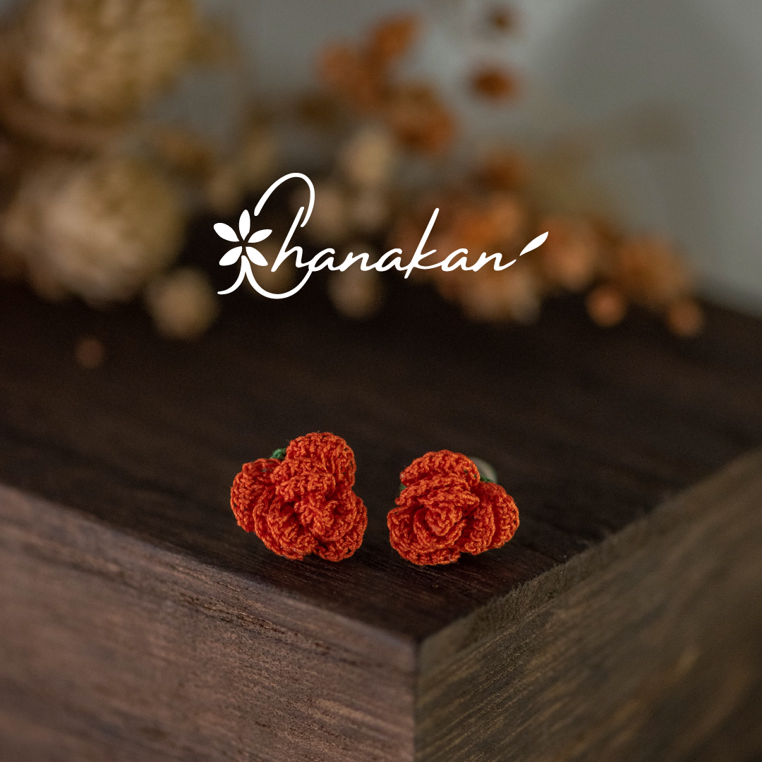 【玫瑰】小號 橘 耳環 微鉤 針織