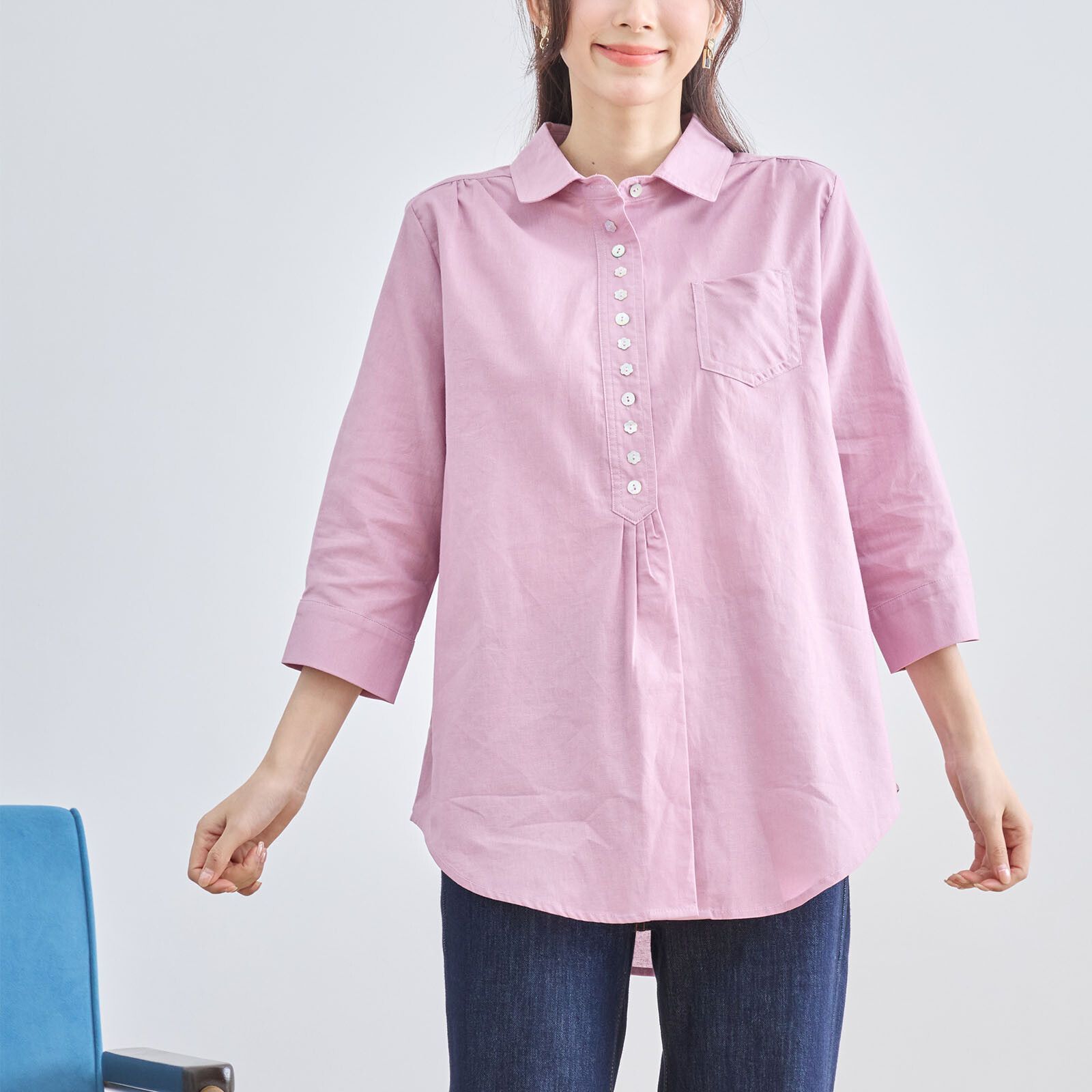 日本帶回現貨 日本TRUBE女裝 多造型鈕扣休閒七分袖長版襯衫 玫瑰粉色