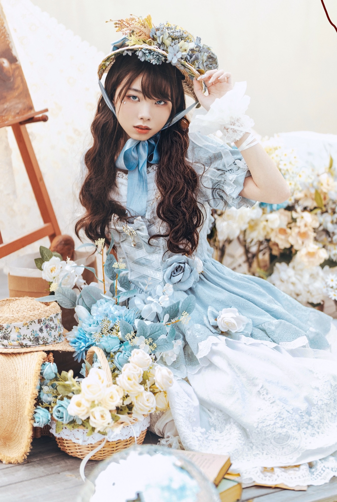 手作Lolita- 花花大草帽（霧灰藍）