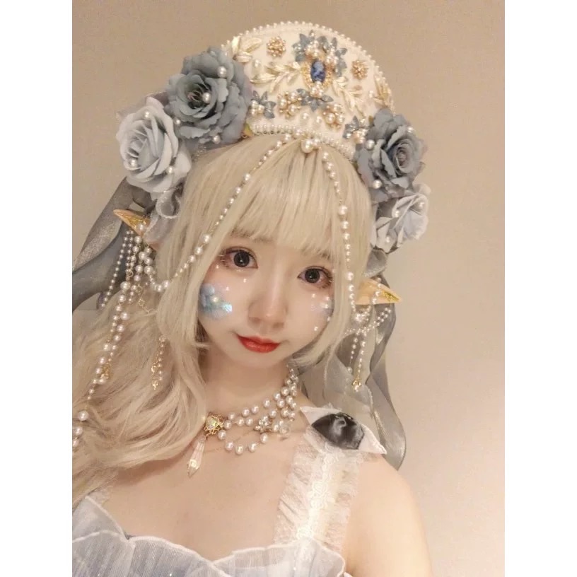 垂耳汪手作-花嫁大頭冠（藍白色）