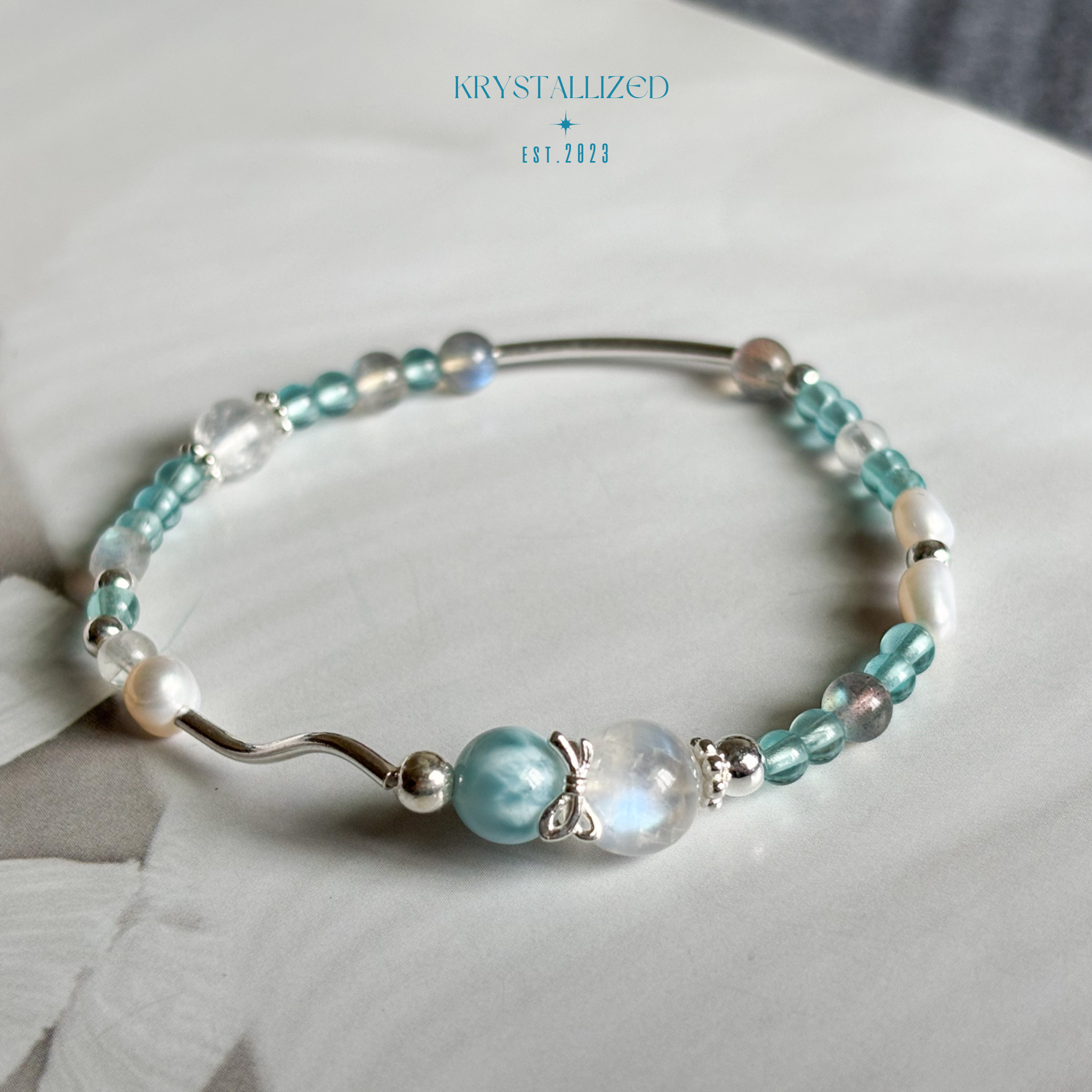 海浪的紋路/925銀手鍊/海紋石.月光石.藍磷灰石.拉長石.淡水珍珠