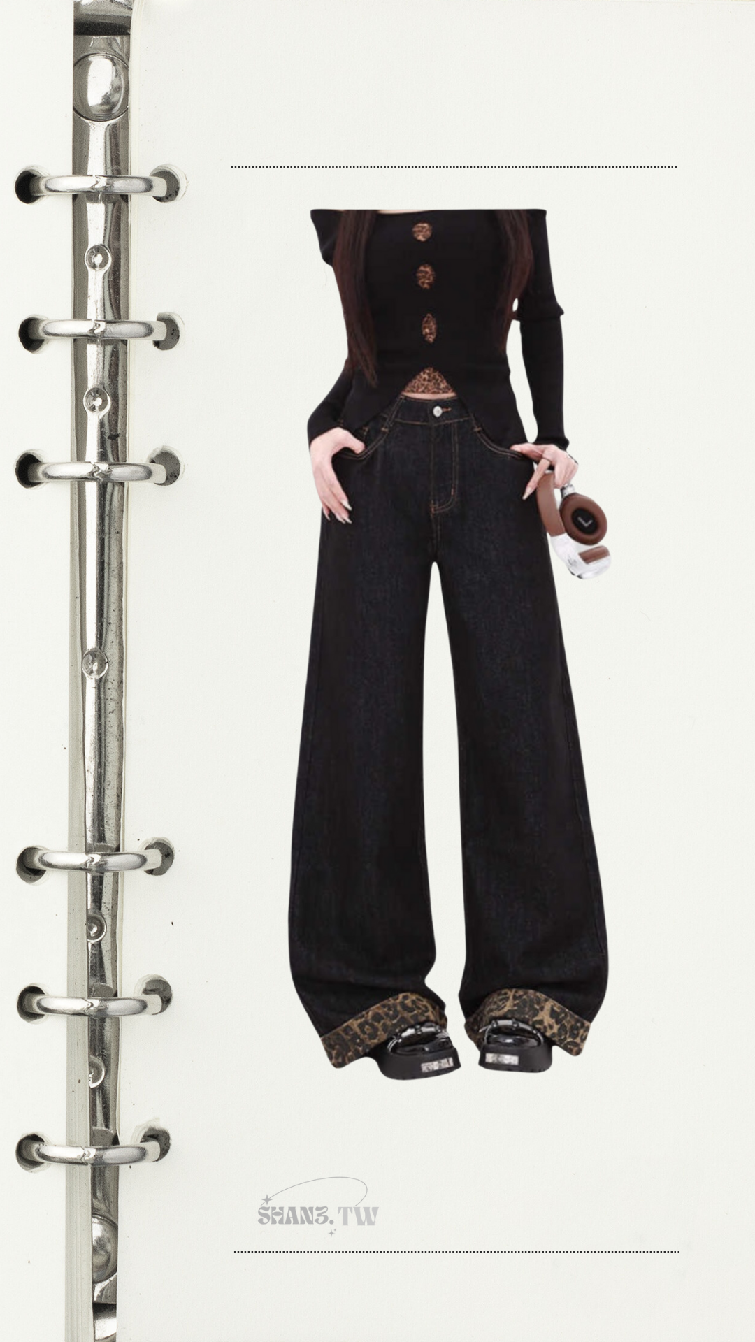 SHAN3.TW|新品🌷加長褲長✨豹紋拼接高腰直筒褲#S008