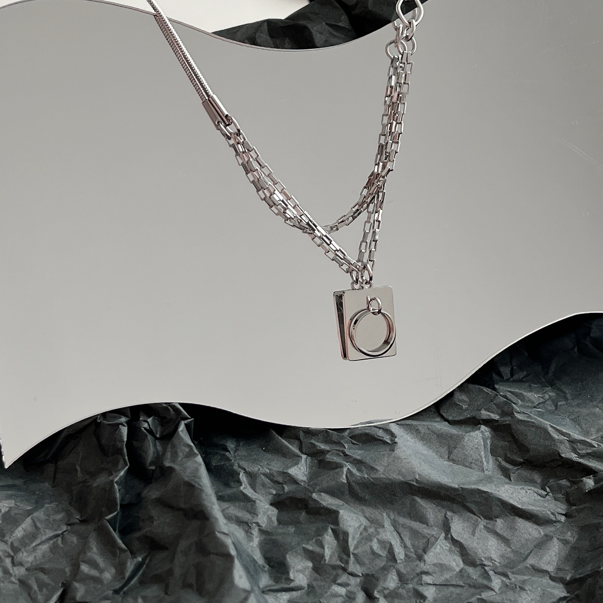 韓國東大門 ins方牌吊墜鈦鋼項鍊