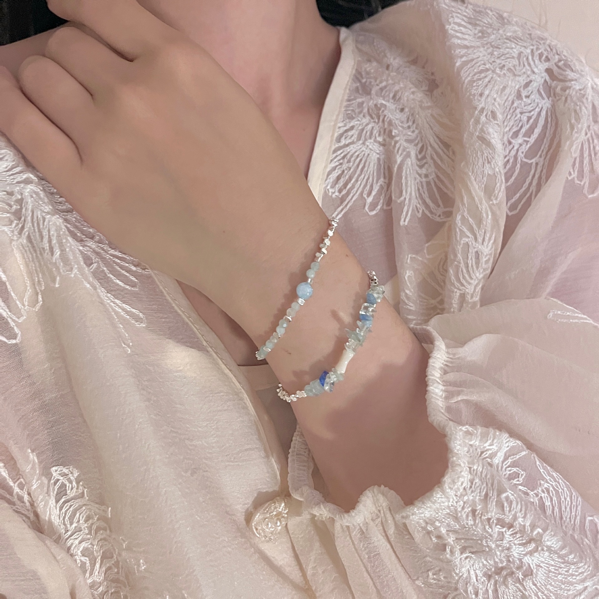 ins海藍寶碎銀子天然石串珠手鍊