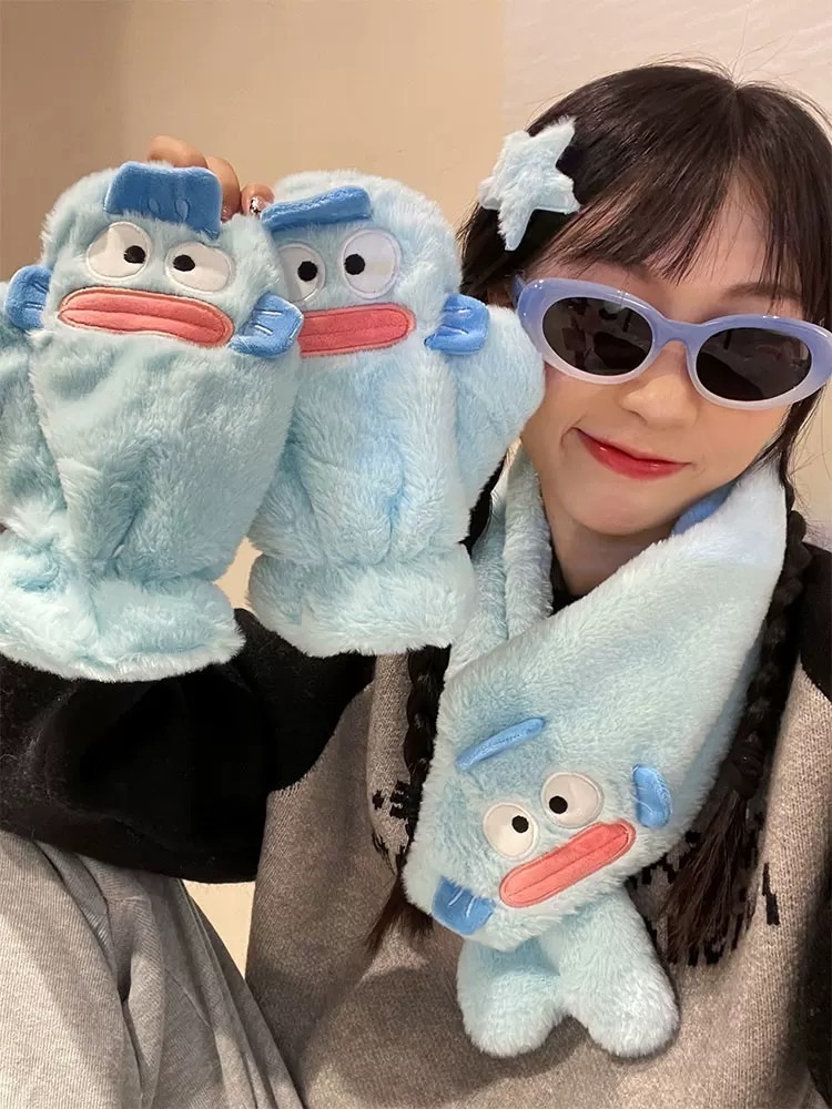 超萌可愛造型醜魚保暖毛絨圍巾/手套