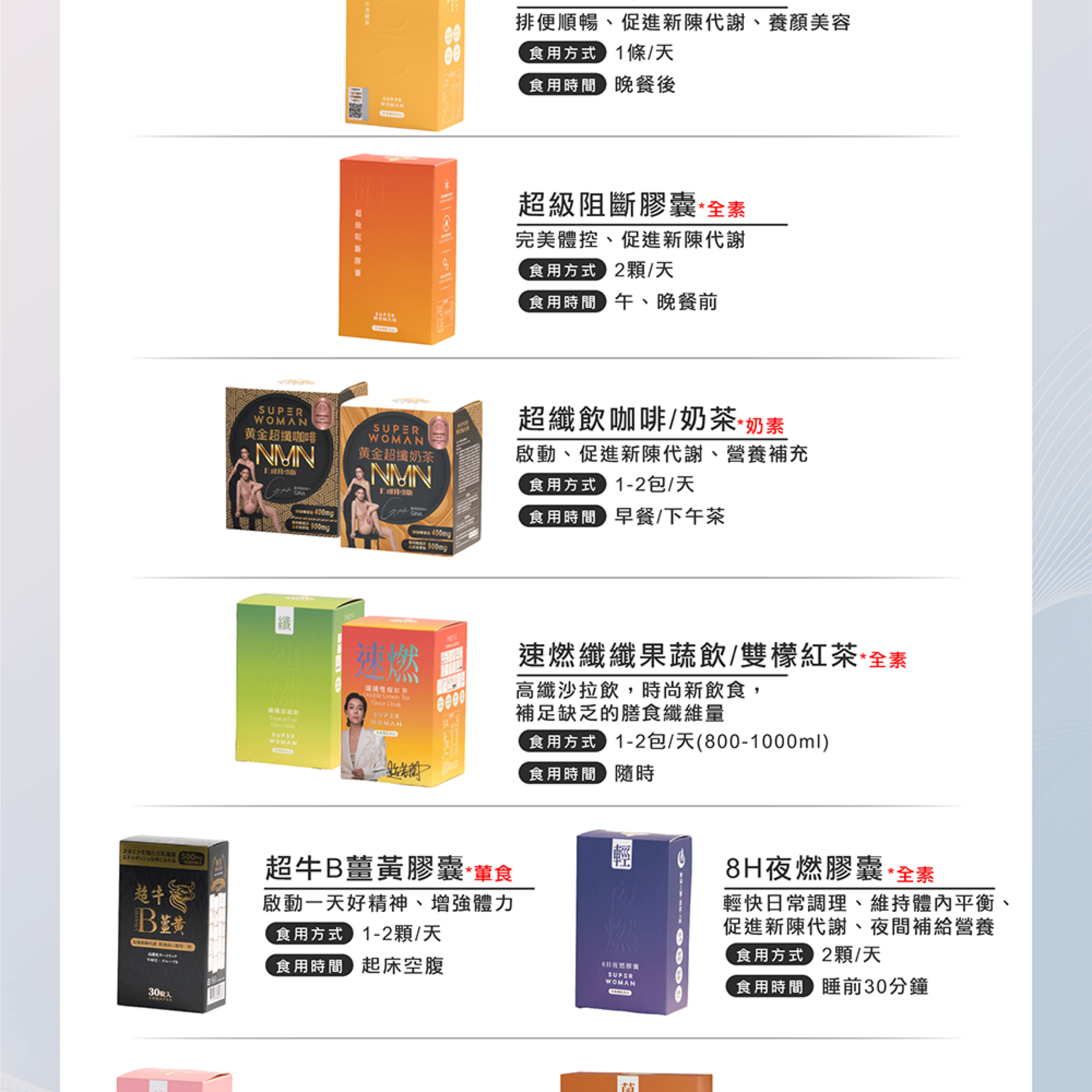 黃金速纖凍/黃金超纖飲咖啡＆奶茶/阻斷膠囊/速燃纖纖飲/雙檬紅茶/膠原蛋白蜜緹飲/超牛B薑黃/夜燃/超好吃益生菌