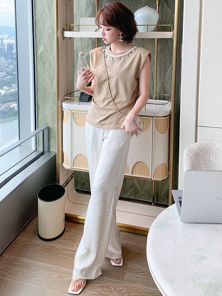 MIUCO 珠片勾勒圓領無袖背心+閃耀重工灑金亮片直筒寬鬆垂墜闊腿褲 女裝