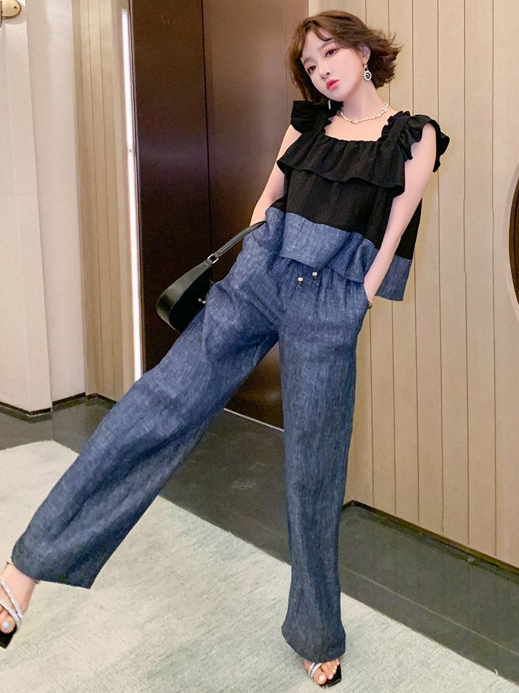 MIUCO 花邊飛飛袖撞色A字娃娃款寬鬆上衣+直筒寬長褲 套裝