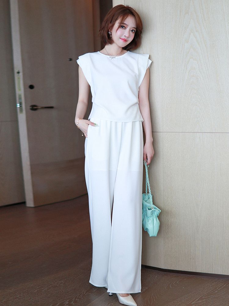 MIUCO 簡約風雙層飛飛袖圓領T恤+直筒闊腿褲 白色套裝