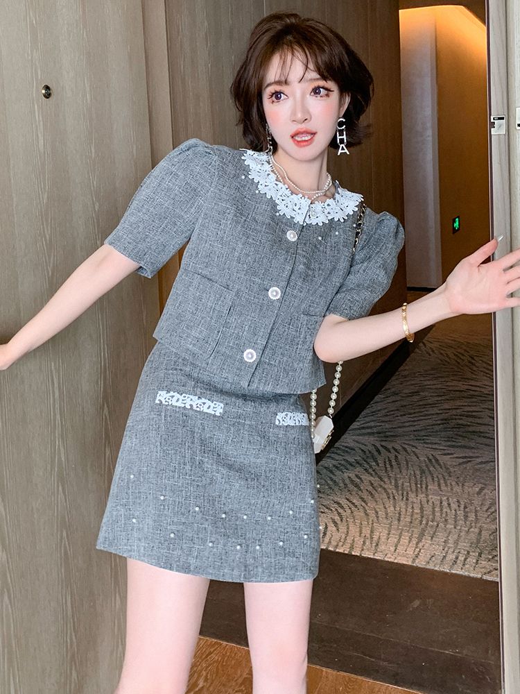 MIUCO 重工骨感蕾絲釘珠短外套+高腰A字裙 小香風套裝 女裝