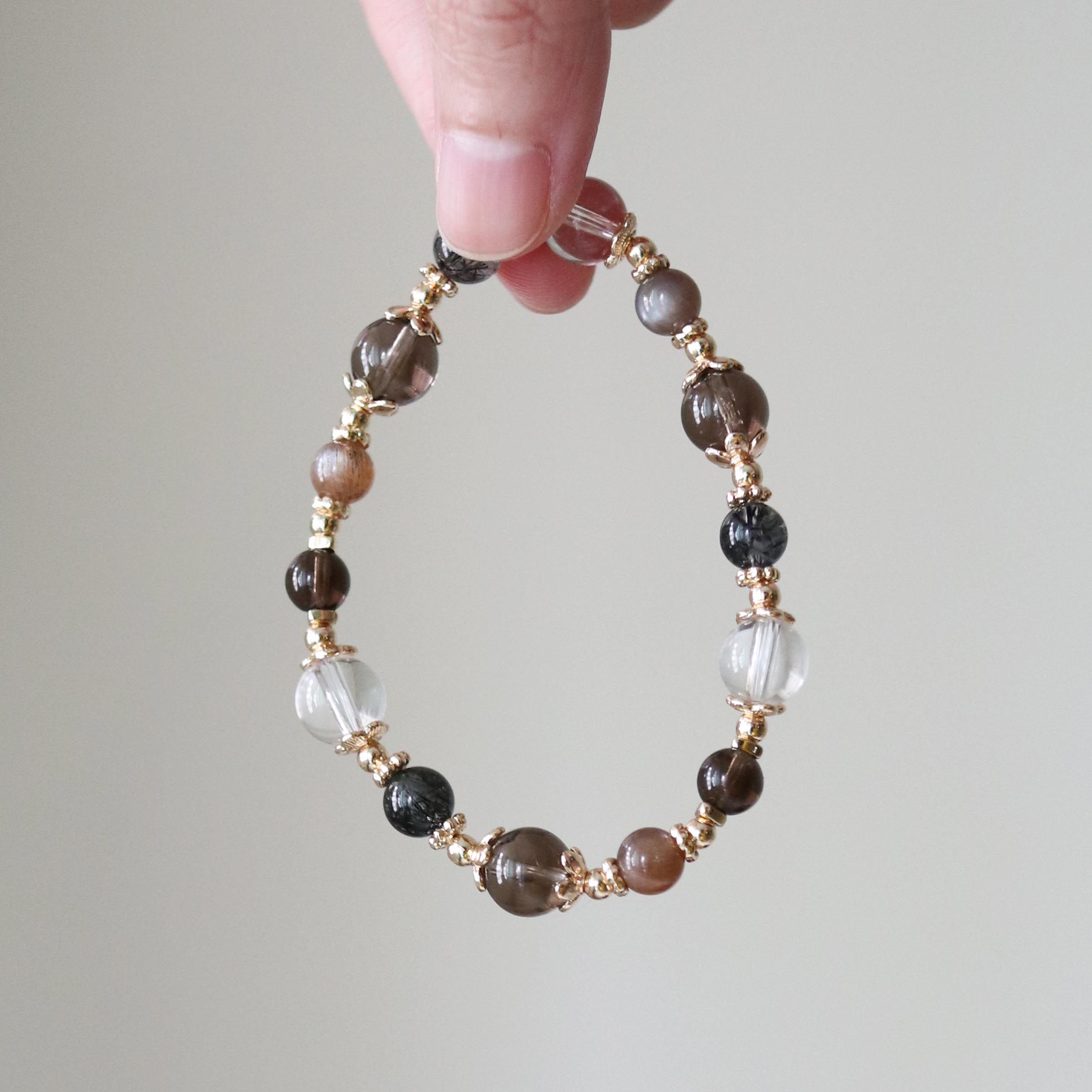 【秋茶】金骨幹、茶水晶、黑髮晶、白水晶 /平穩情緒、招財/