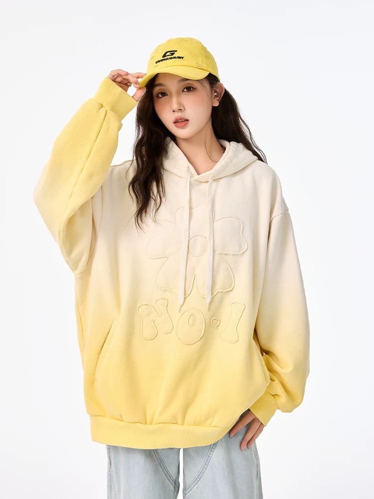 南波萬衛衣奶黃色連帽秋冬2024新款漸變色外套慵懶風寬松女上衣