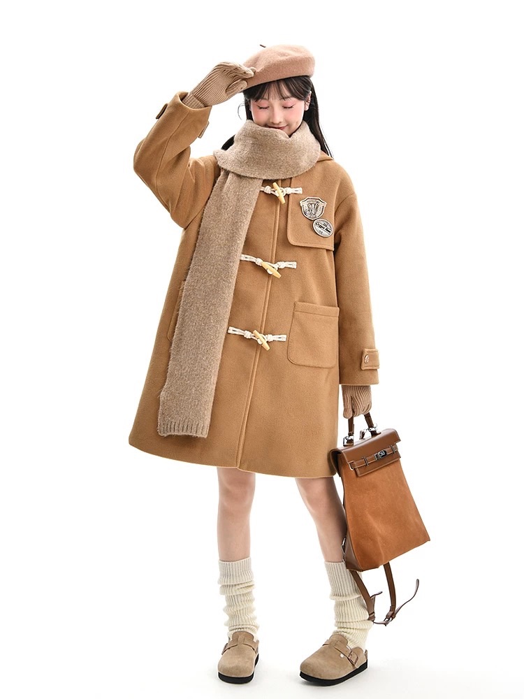 南波萬大衣女秋冬2024新款中長款韓系學院風連帽牛角扣毛呢外套