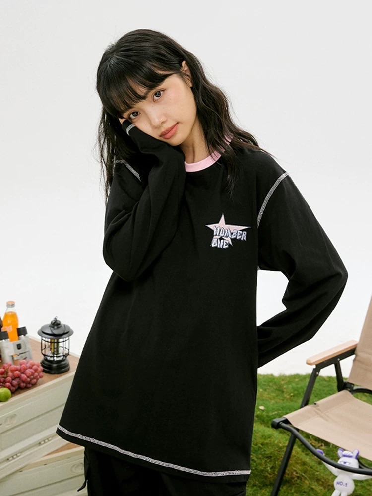 南波萬上衣早秋t恤女長袖2024新款獨特絕美黑色洋氣獨特別緻寬松
