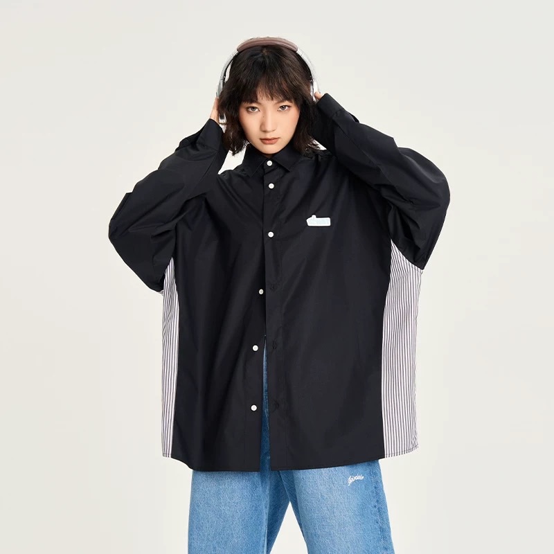 南波萬通勤條紋拼接襯衫女休閒百搭寬松外套2024秋季新款長袖襯衣