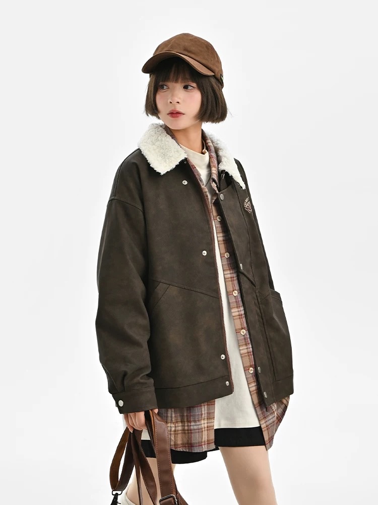 南波萬X森女部落皮衣女秋冬季2024新款羊羔毛外套機車服美式夾克