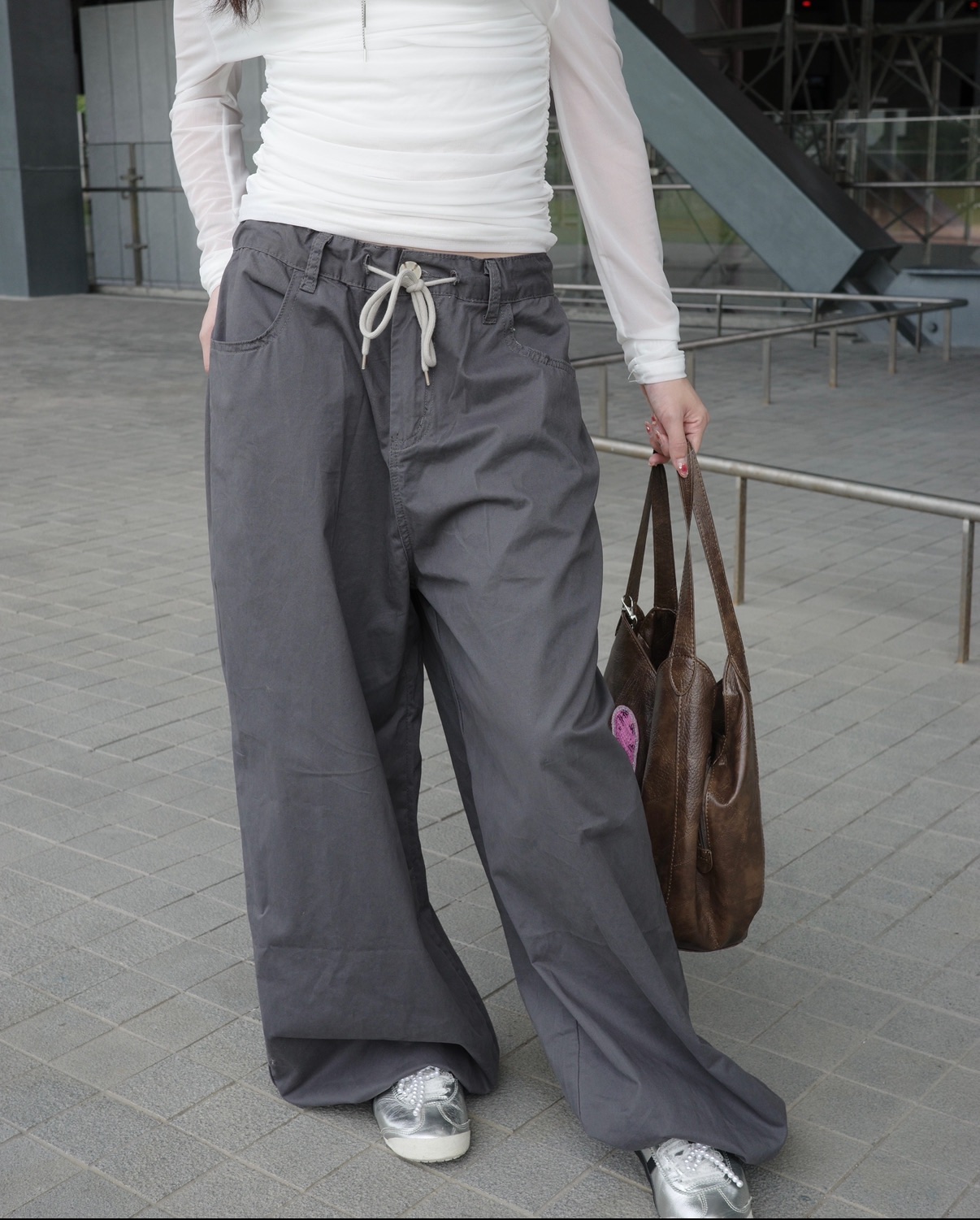 美式高腰寬鬆抽繩闊腿褲🩶