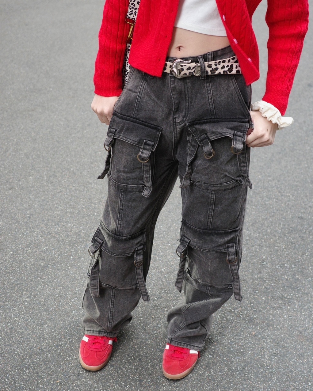 多口袋工裝牛仔寬褲🖤