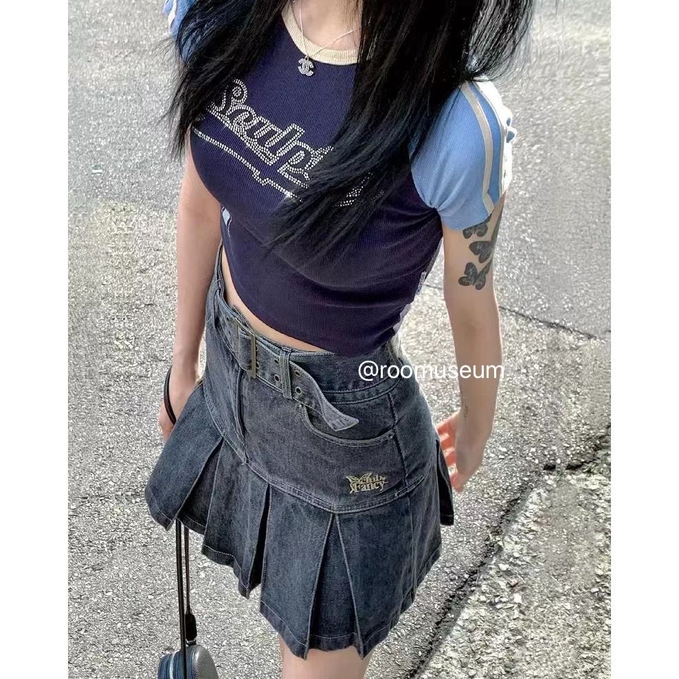 Fancy club DENIM PLEATS BELT SKIRT （BLK）_F21QC023