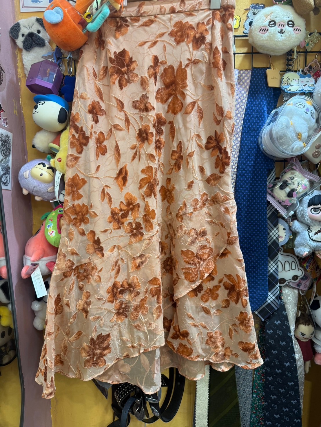 古著魚尾紗裙拼接絨布花花
