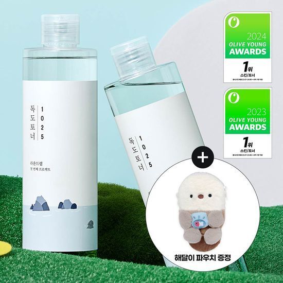 Roundlab獨島 化妝水 300ml+300ml+山茶花防曬精華1.5ml+化妝包