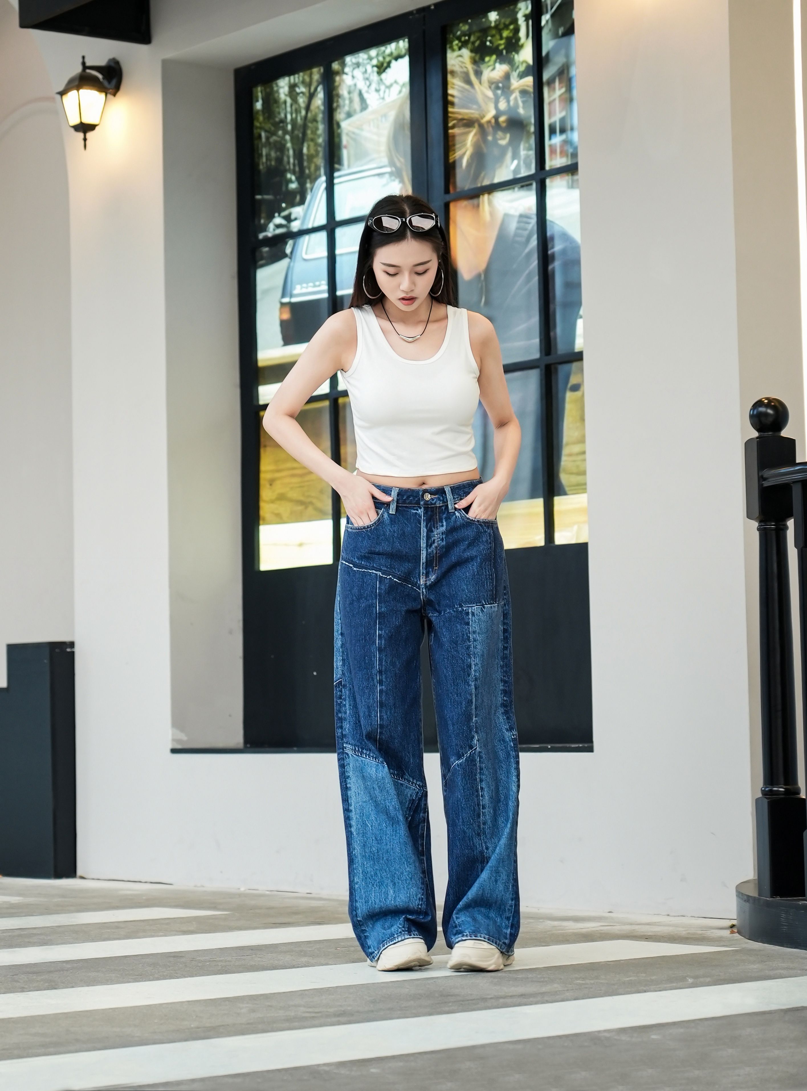 -預售-男女同款-100%純棉深藍設計牛仔褲