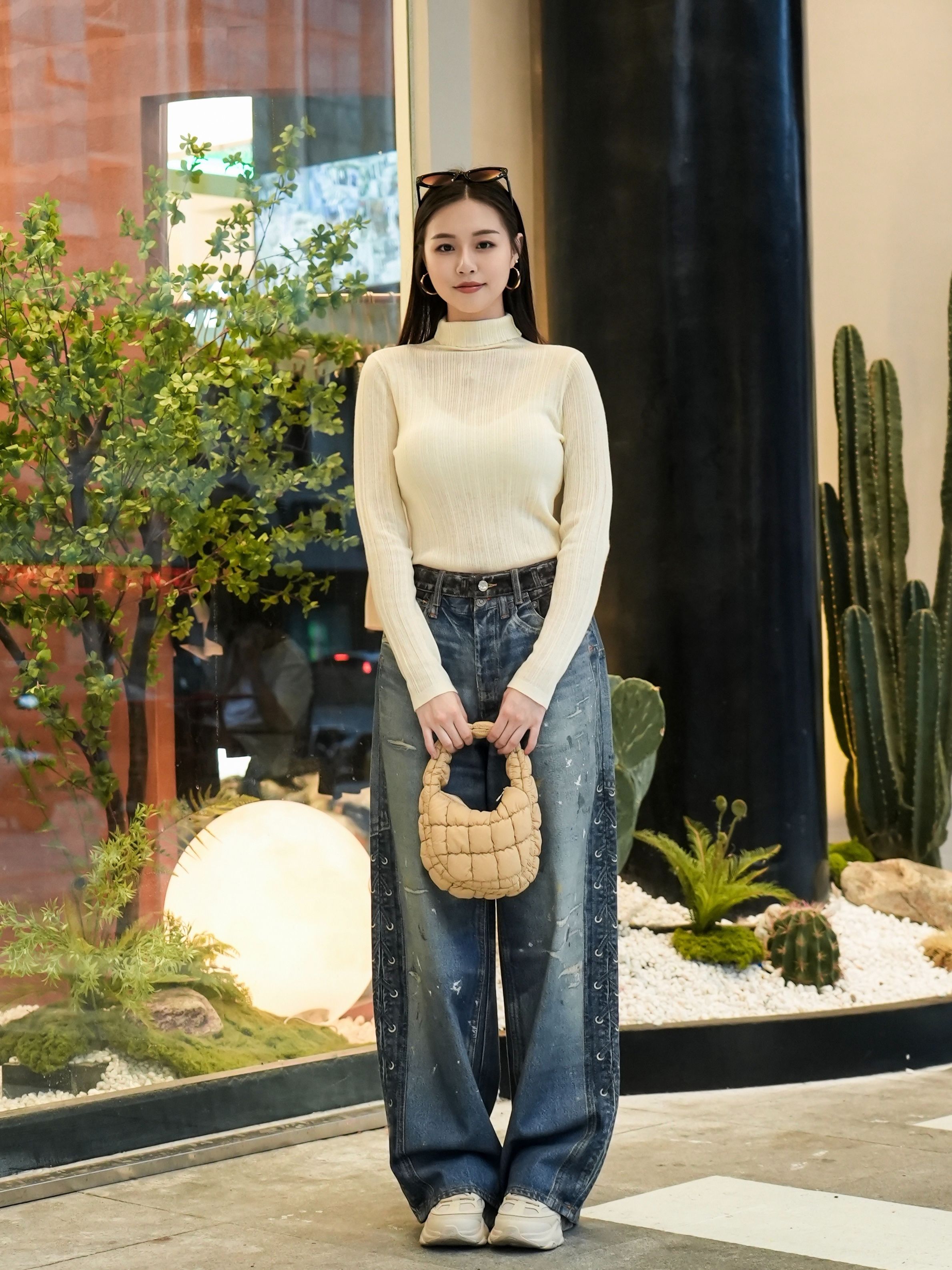 -預售-男女同款-100%純棉花點設計牛仔褲