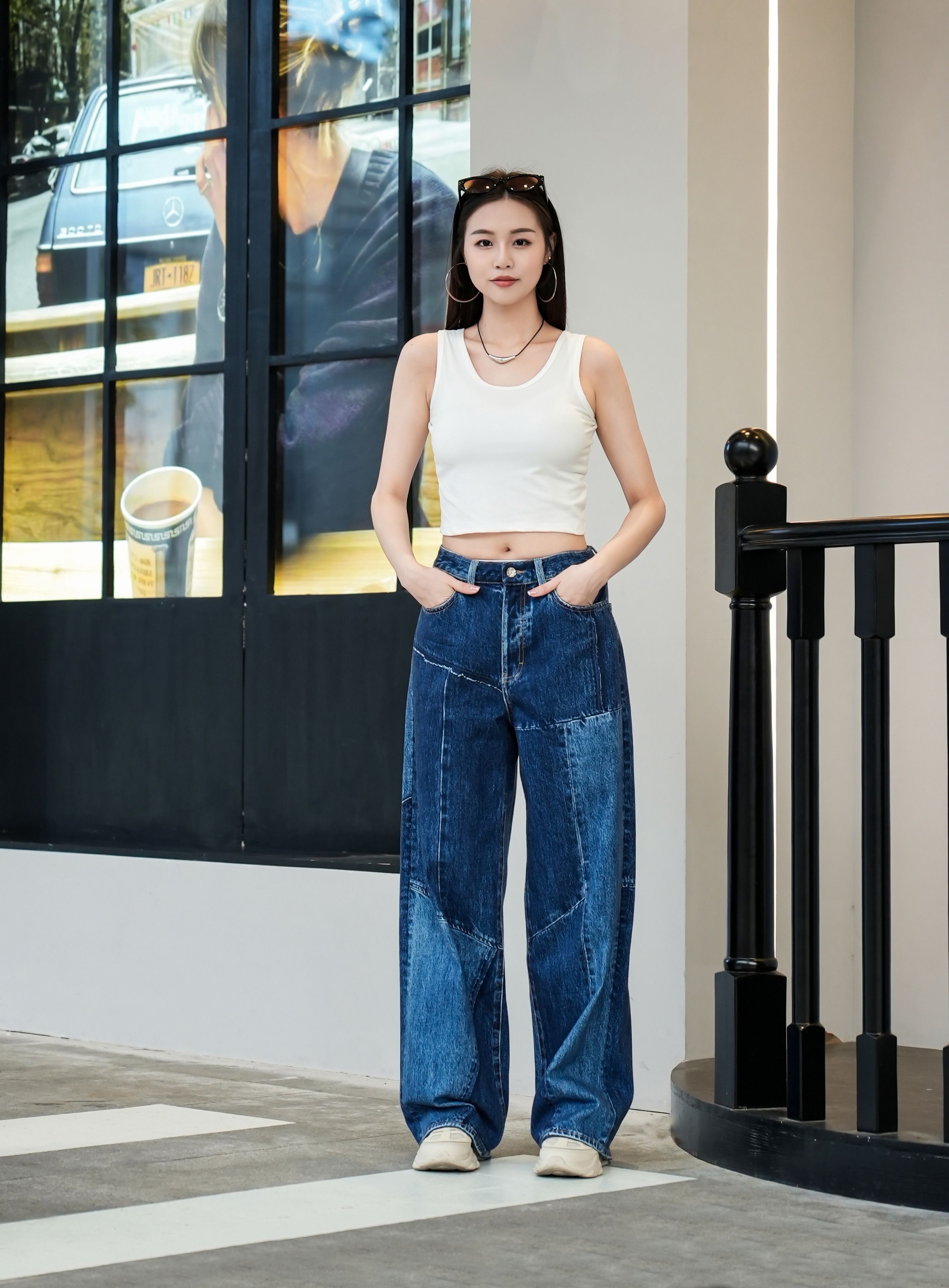 -現貨-男女同款-100%純棉深藍設計牛仔褲