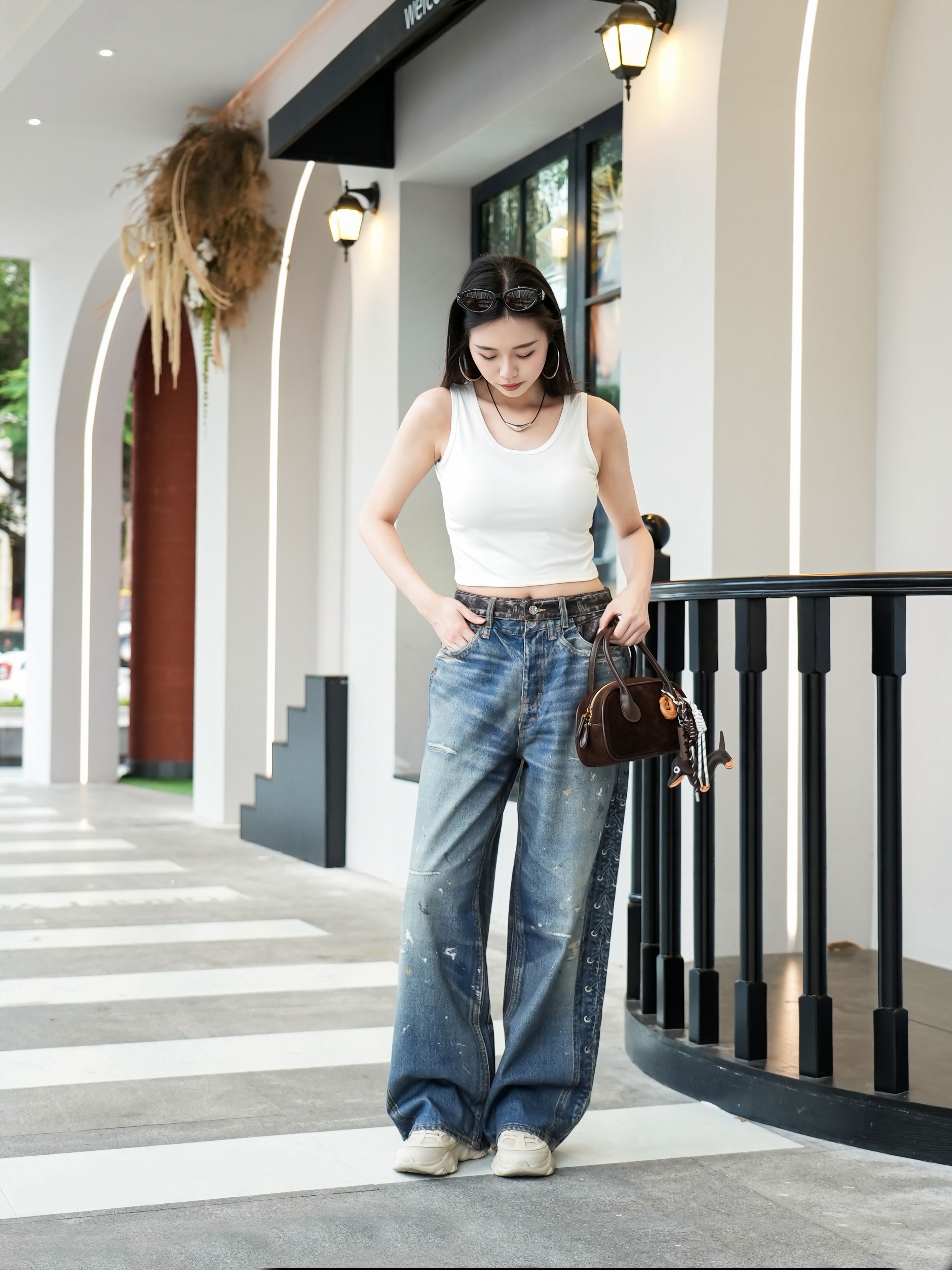 -現貨-男女同款-100%純棉花點設計牛仔褲