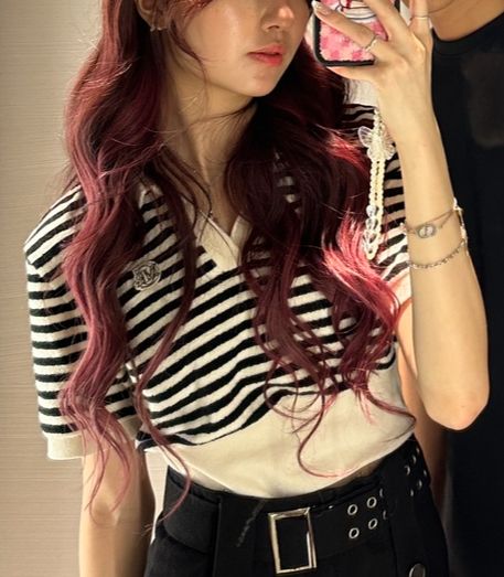 【韓牌】條紋絨毛領子短袖上衣