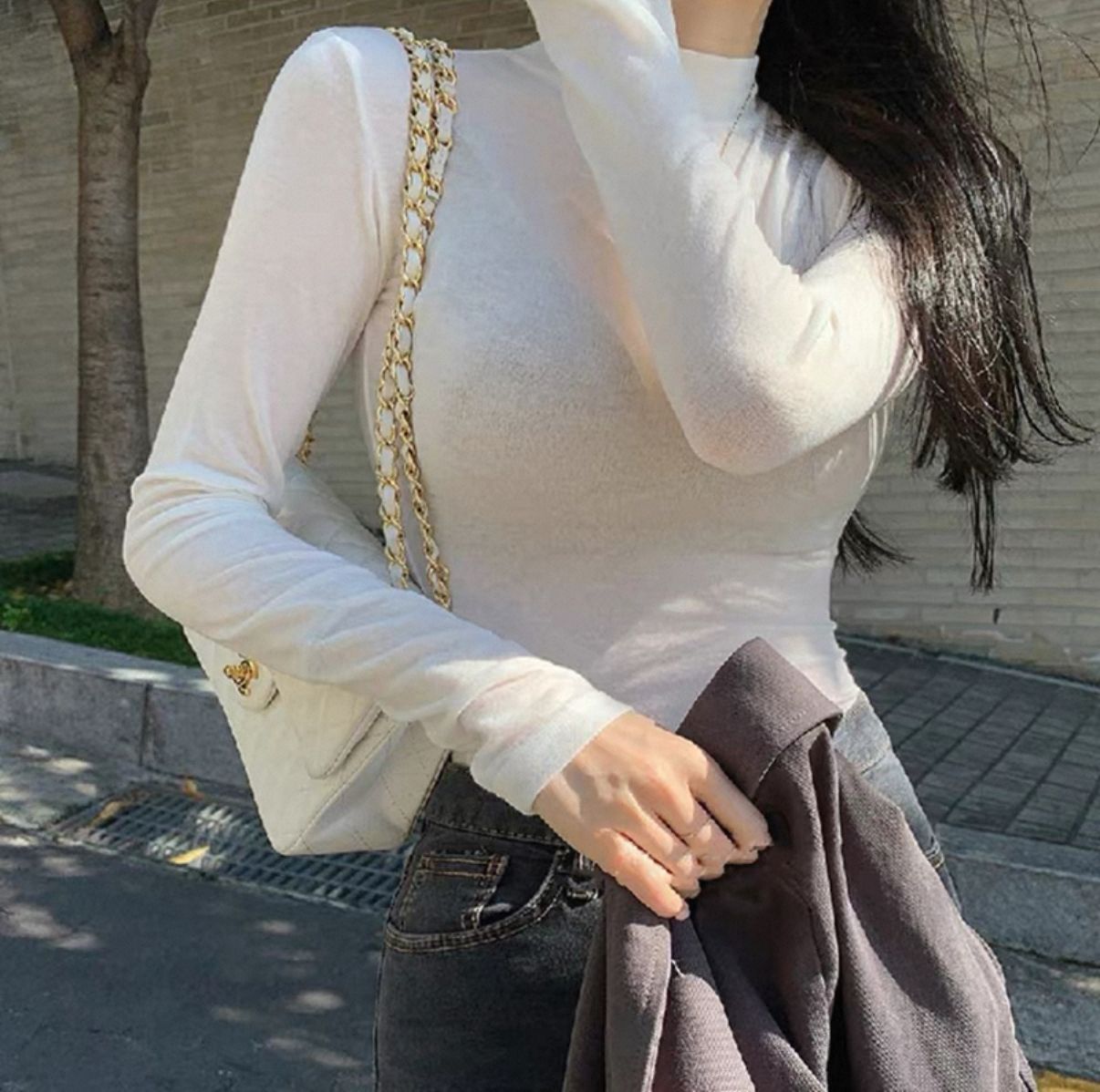 全新半領韓系微透膚有彈性白色長袖