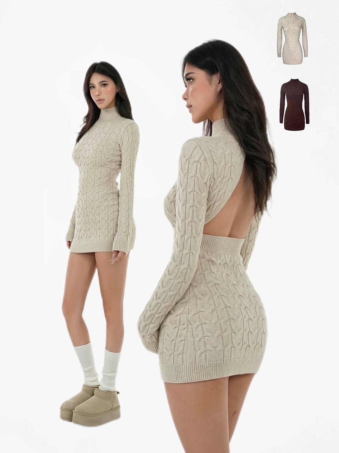 【Jim Kennet】露背麻花半高領復古包臀連衣裙