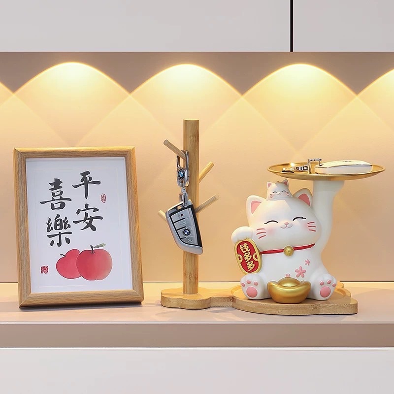 春節招財貓玄關鑰匙收納擺件托盤