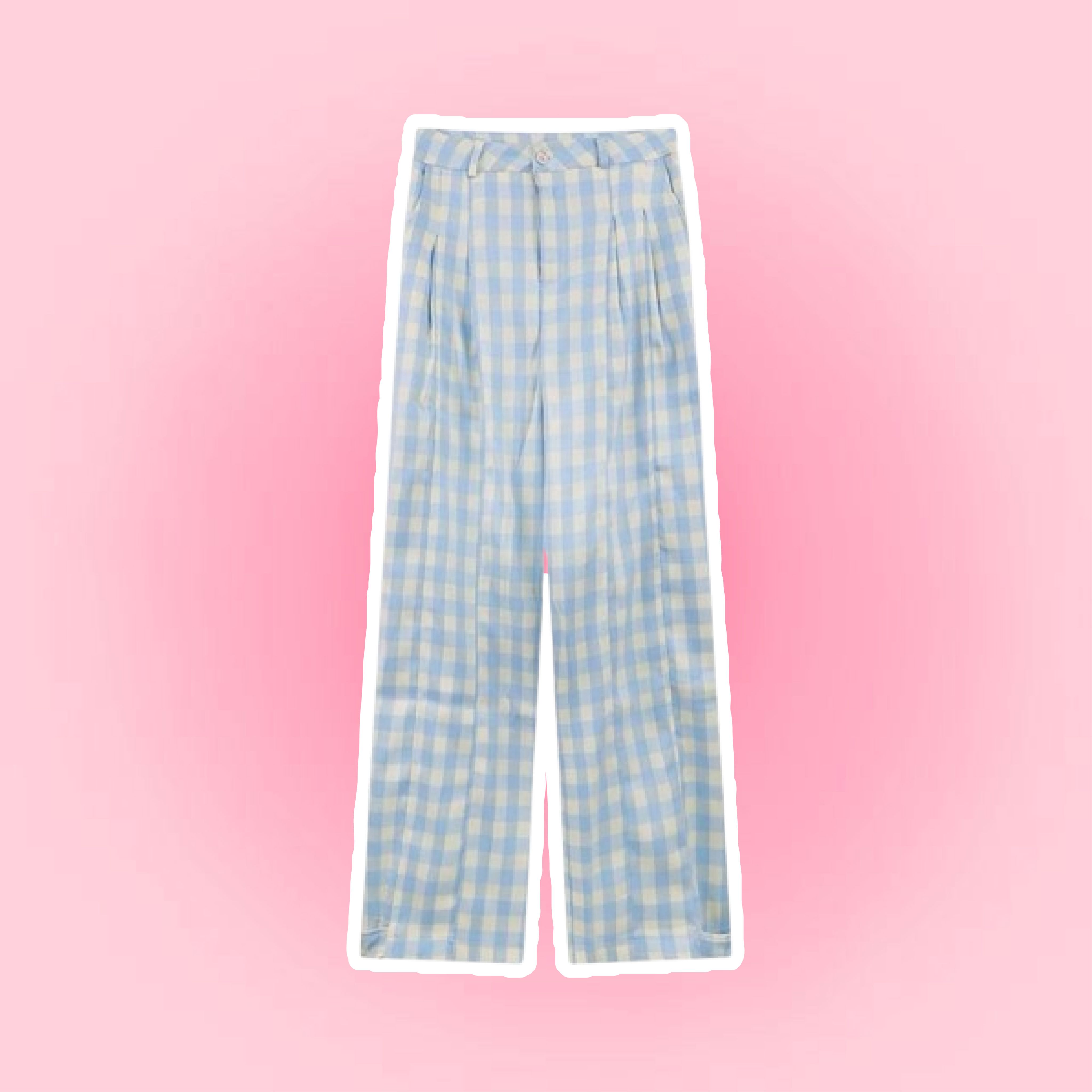 藍色格子高腰直筒褲