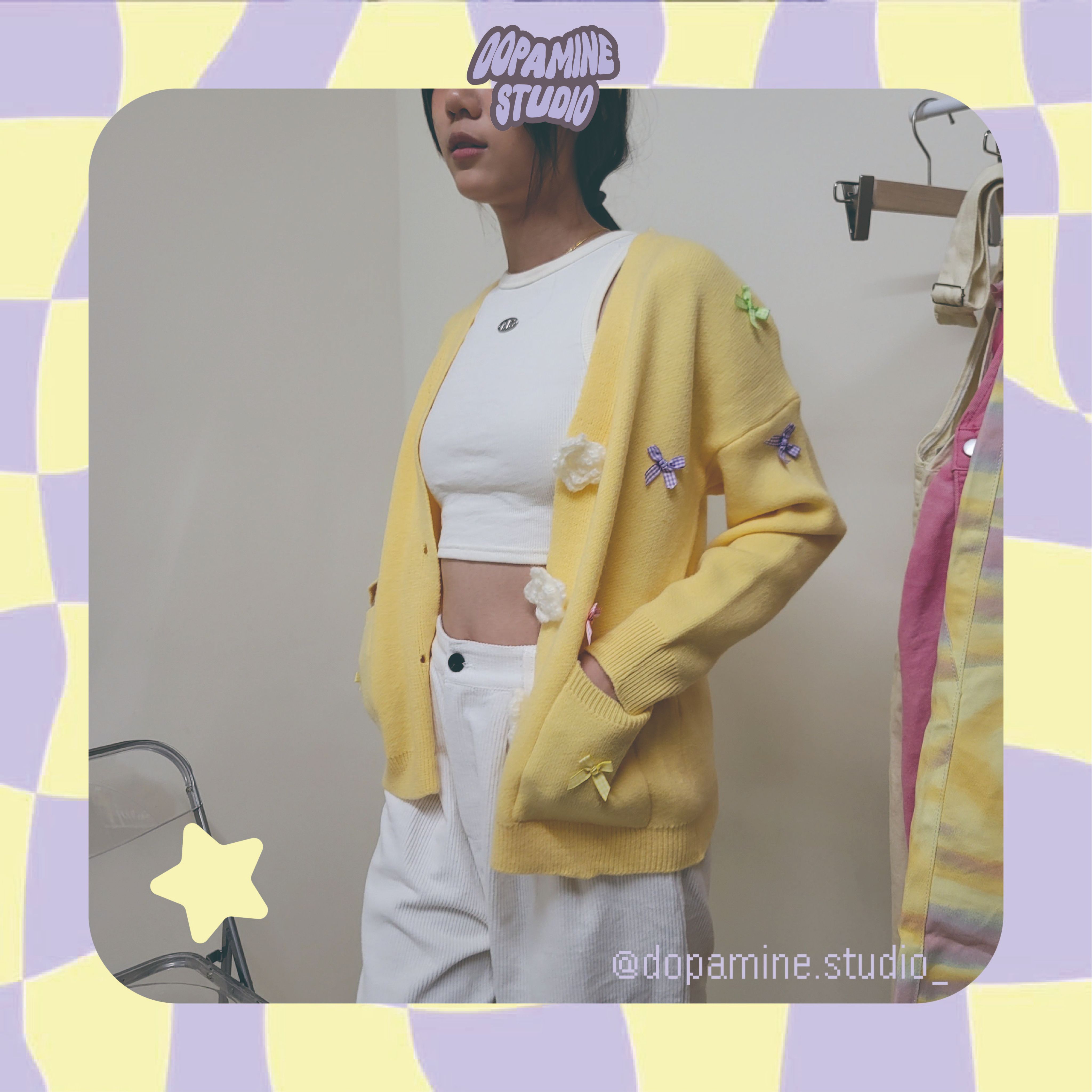 蝴蝶結V領開衫毛衣 （黃） F