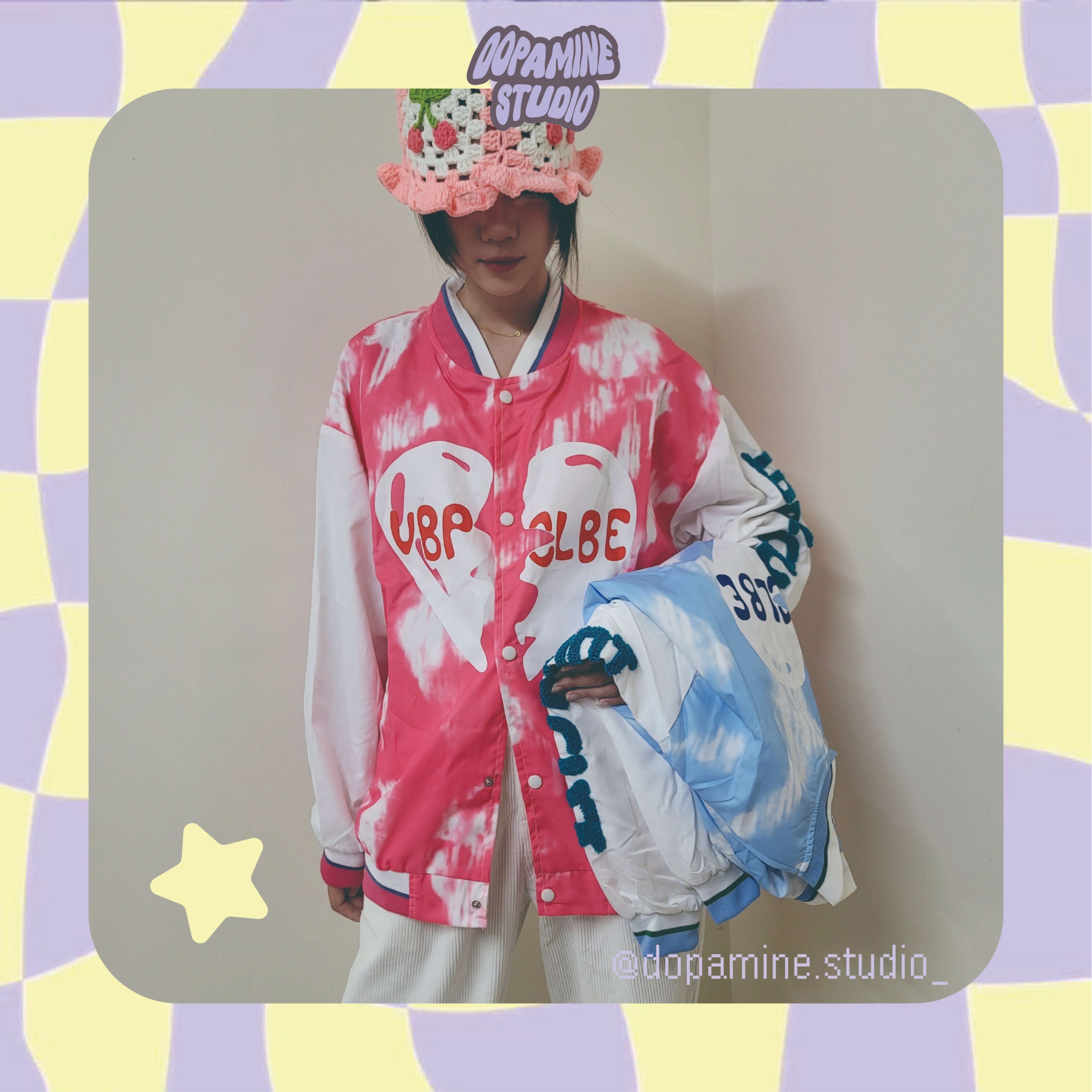 oversize紮染愛心棒球外套 （粉、藍） F