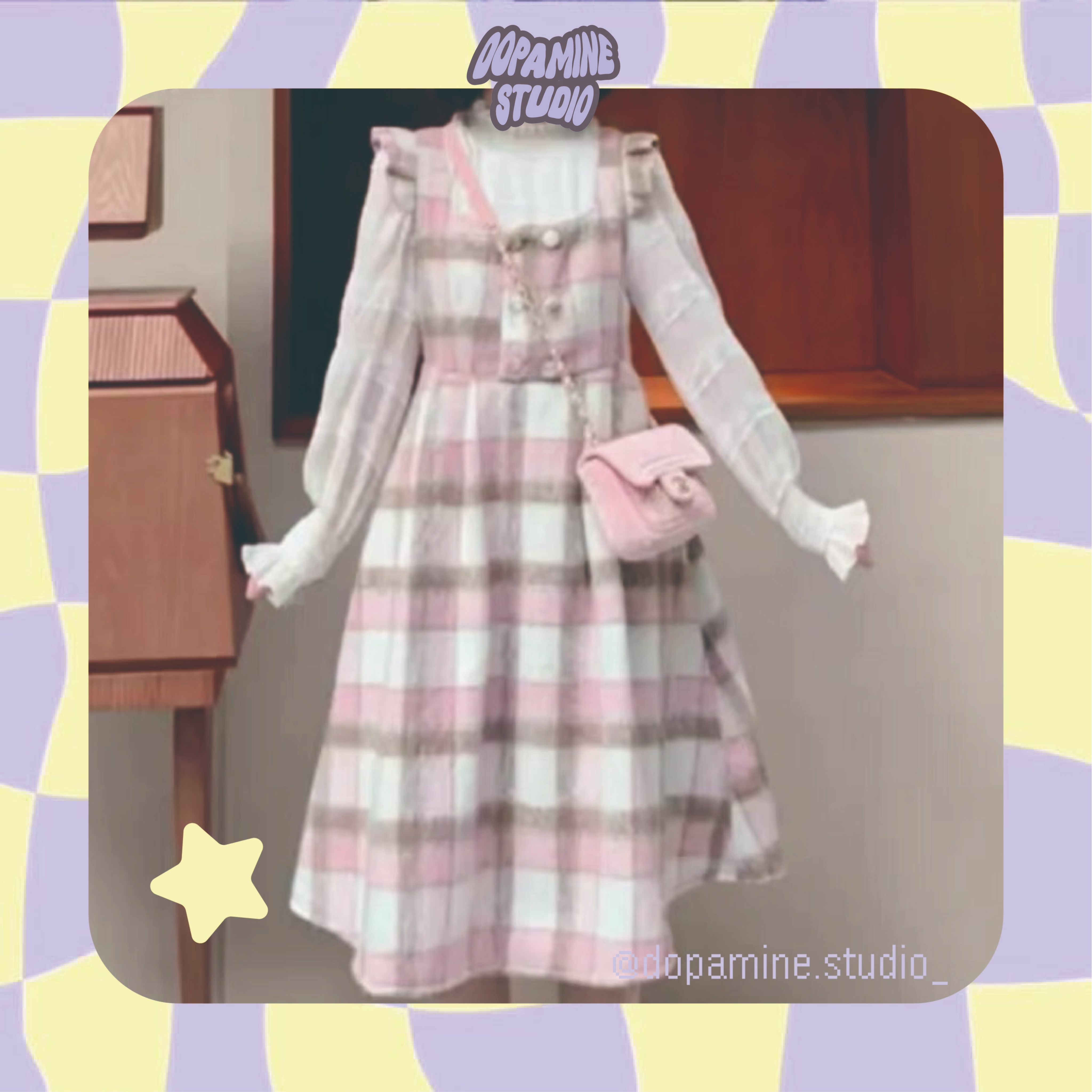 毛尼針織粉色格子吊帶裙 F