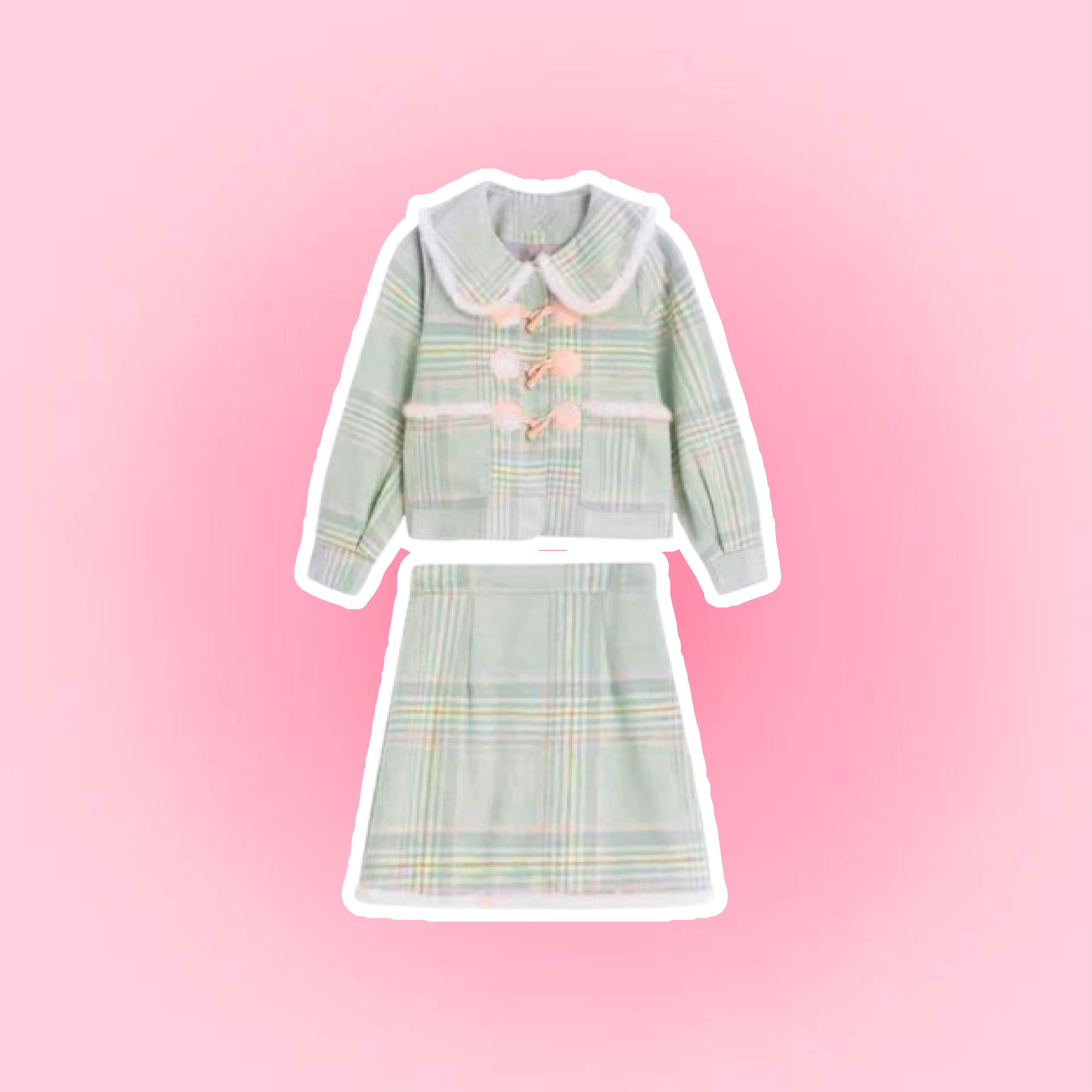 薄荷綠格子學院風毛尼套裝