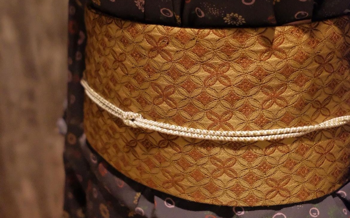 棕金幾何刺繡名古屋帶（不含帶締）