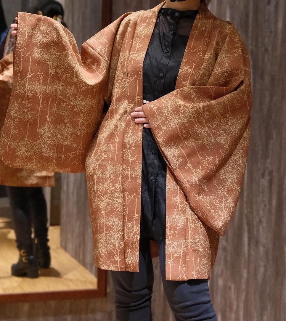 潑墨樹木紋樣｜橘棕色正絹羽織（附羽織紐）
