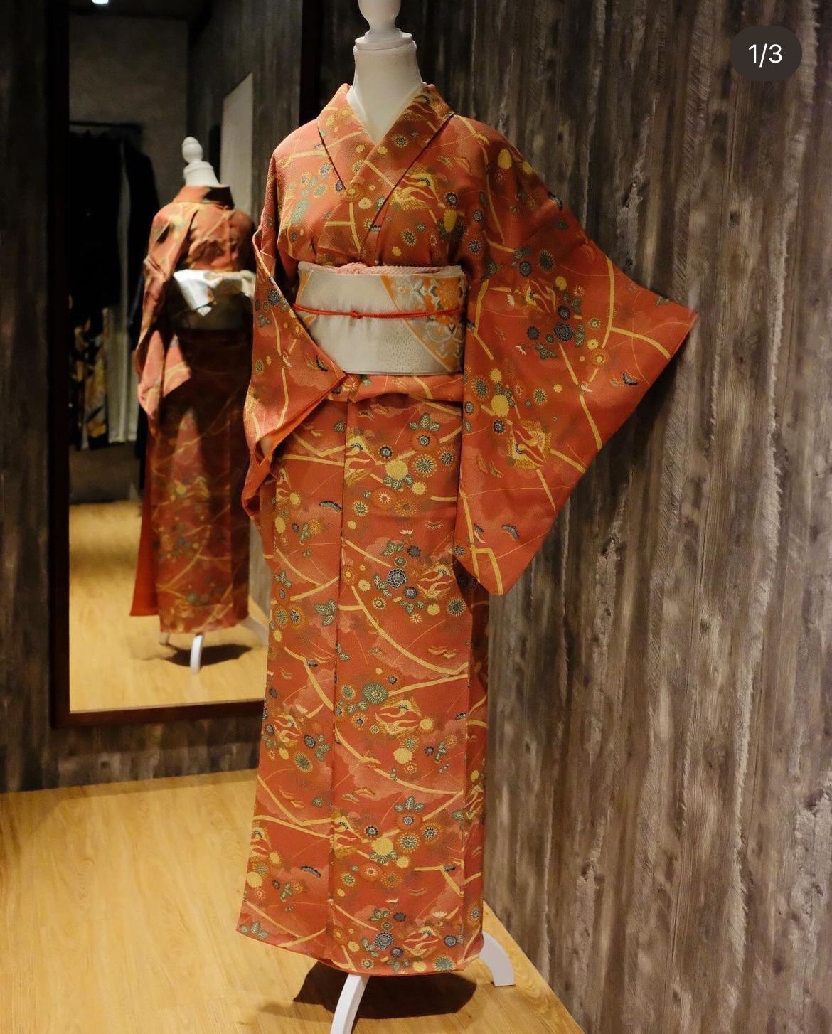 花與鶴｜正絹赤色小紋和服（不含腰帶配件）