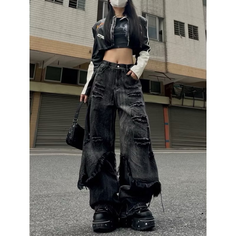 美式重工水洗刷破牛仔褲 闊腿褲