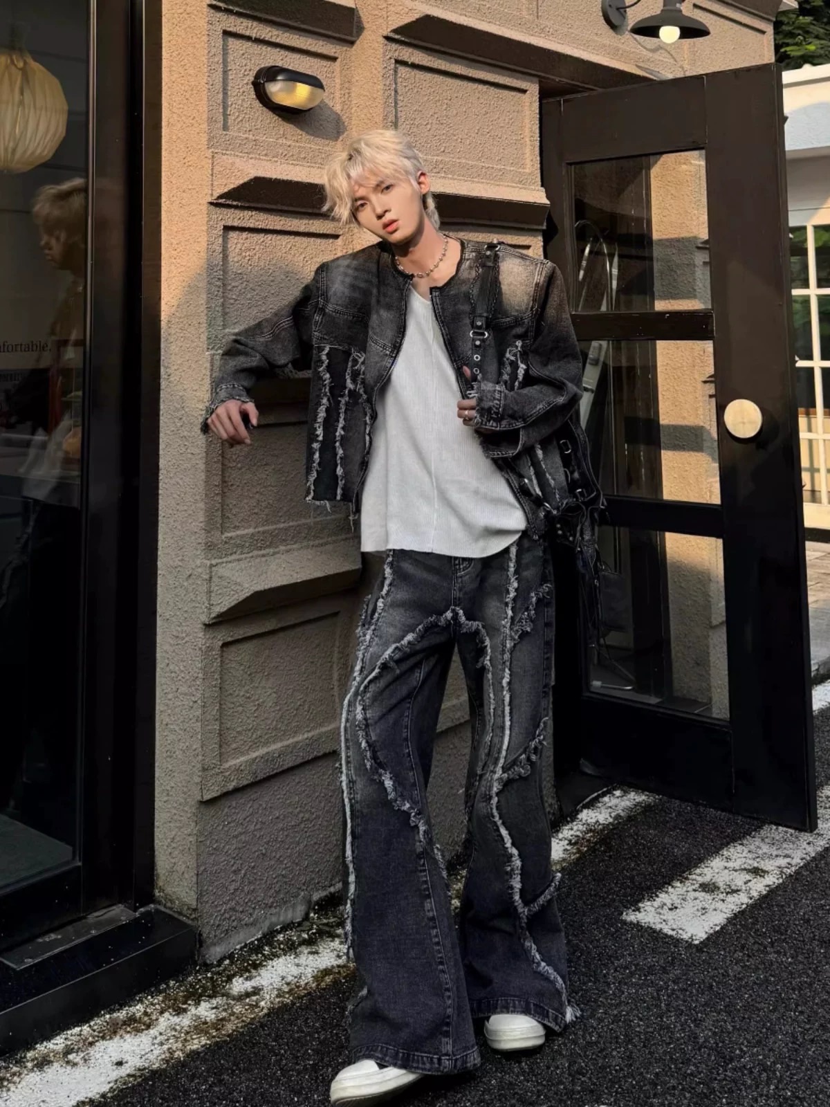 美式毛邊菱格水洗牛仔褲