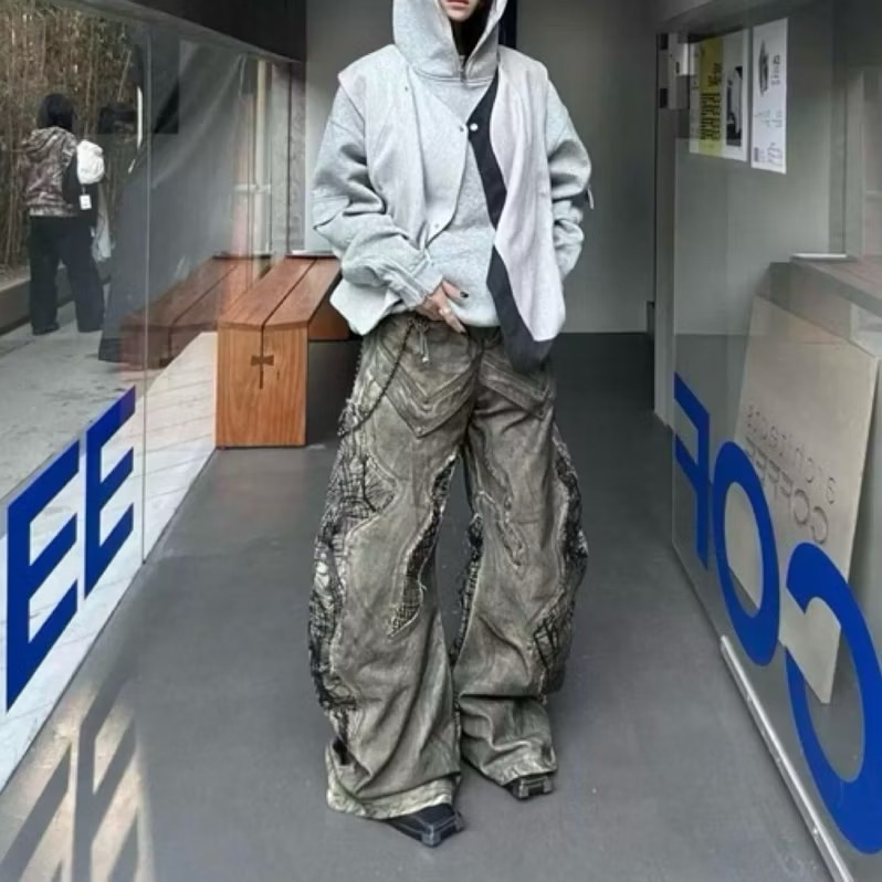 龐克美式嘻哈拼接摔破牛仔褲
